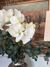 Faux white Amaryllis and berried Eucalyptus bouquet